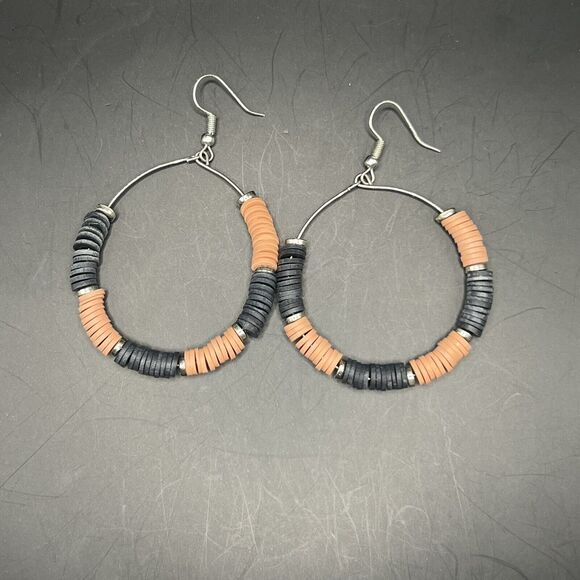 Earring Heishi Peach Gray Beads Hoop Boho Dangle Tribal Drop Hook Back - Picture 1 of 8